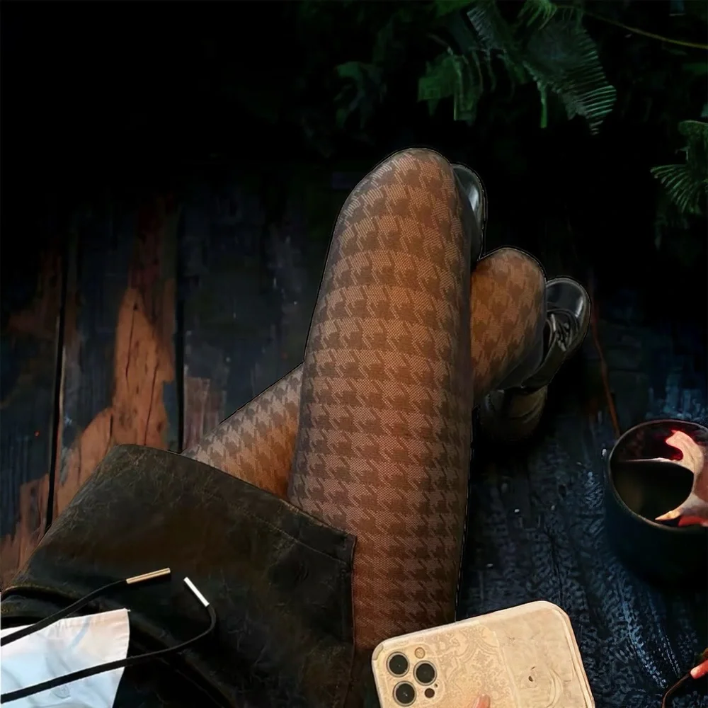Houndstooth Black Pantyhose, High Waist Elastic‎ Footed Pantyhose One Size
